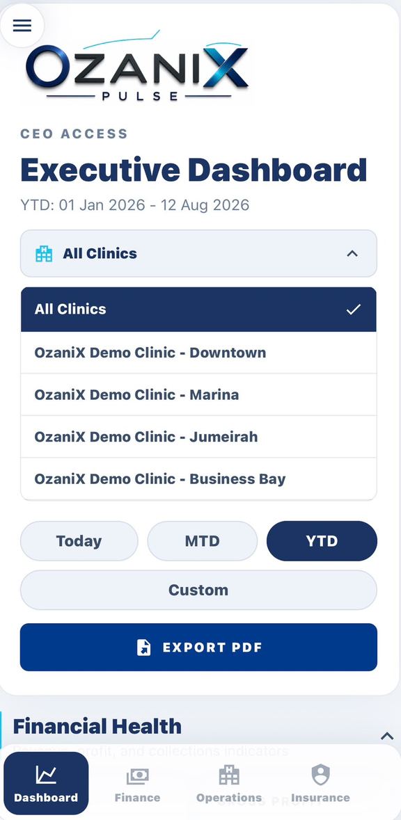 OzaniX Pulse Dashboard screen