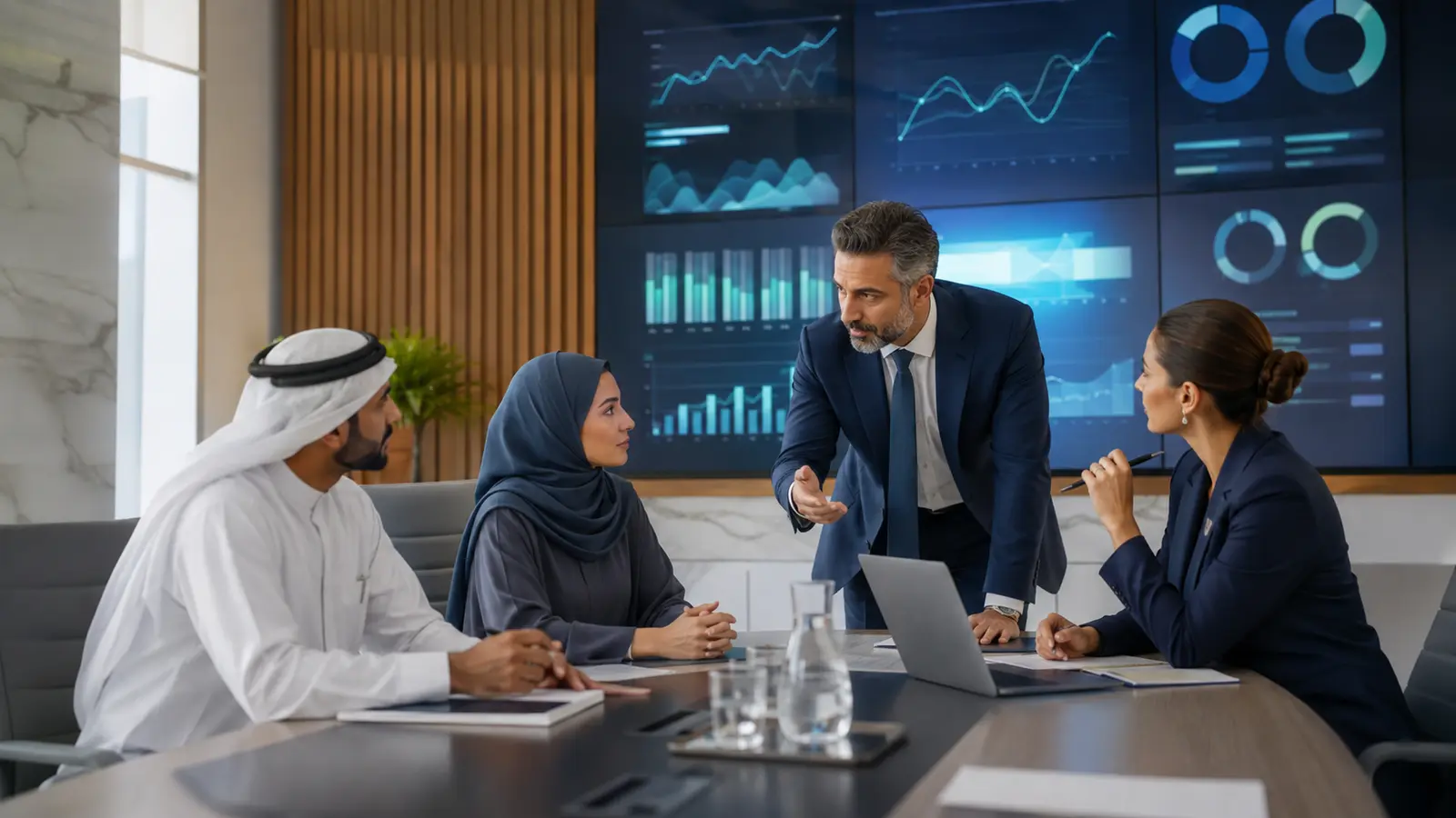 Healthcare leaders reviewing real-time business intelligence dashboard