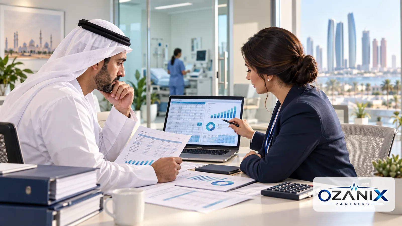 Clinic finance and operations leaders reviewing patient-level costs, cost-centre allocation and reconciliation data in Abu Dhabi