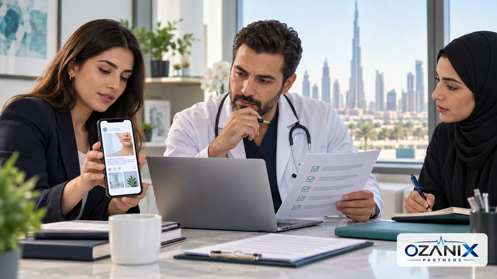 Clinic marketing manager and medical director reviewing a healthcare social media post and compliance checklist in Dubai