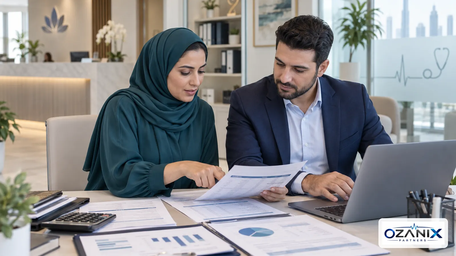 Finance manager and clinic administrator reviewing fraud risk controls and healthcare reports