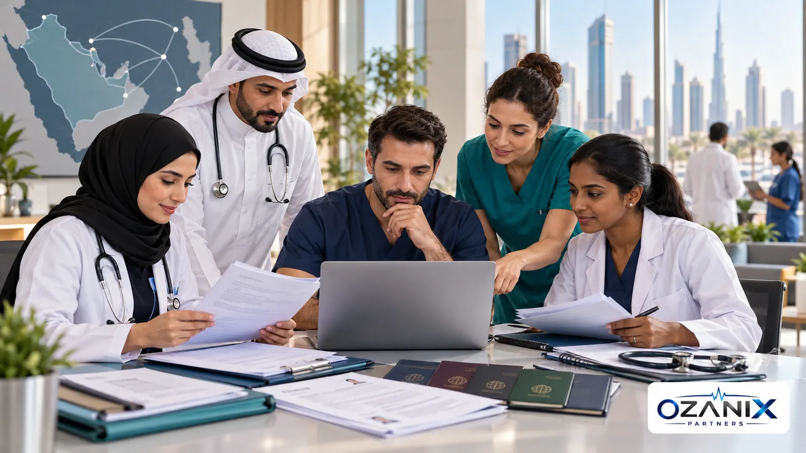 Doctors and nurses reviewing GCC healthcare licensing documents and an online application portal