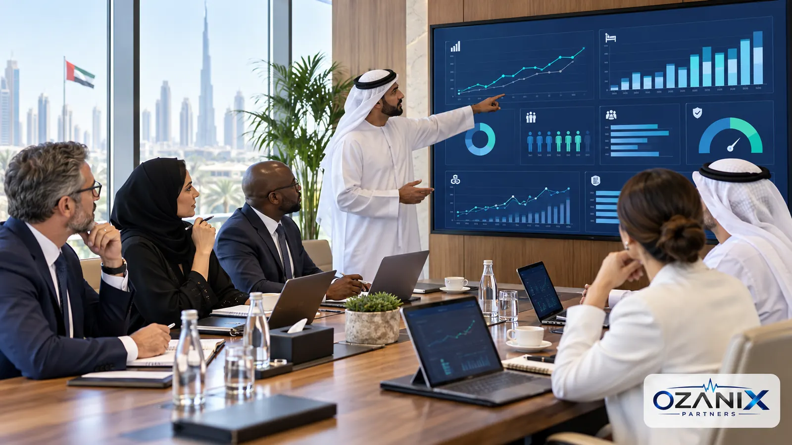 Healthcare executives reviewing real-time revenue, capacity, workforce, claims and risk dashboards in a UAE boardroom