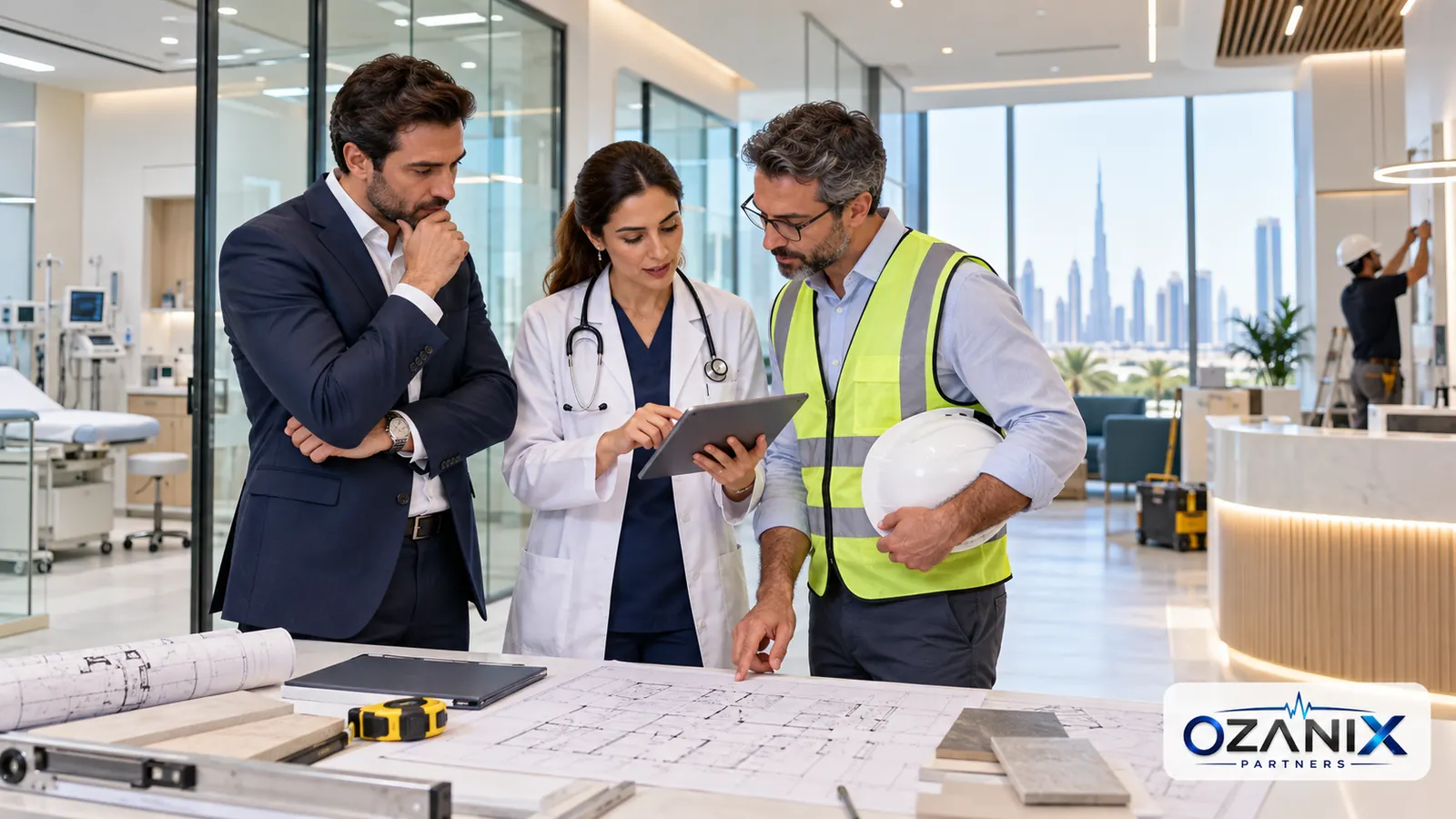 Clinic investor, medical director and healthcare architect reviewing plans during a Dubai clinic fit-out