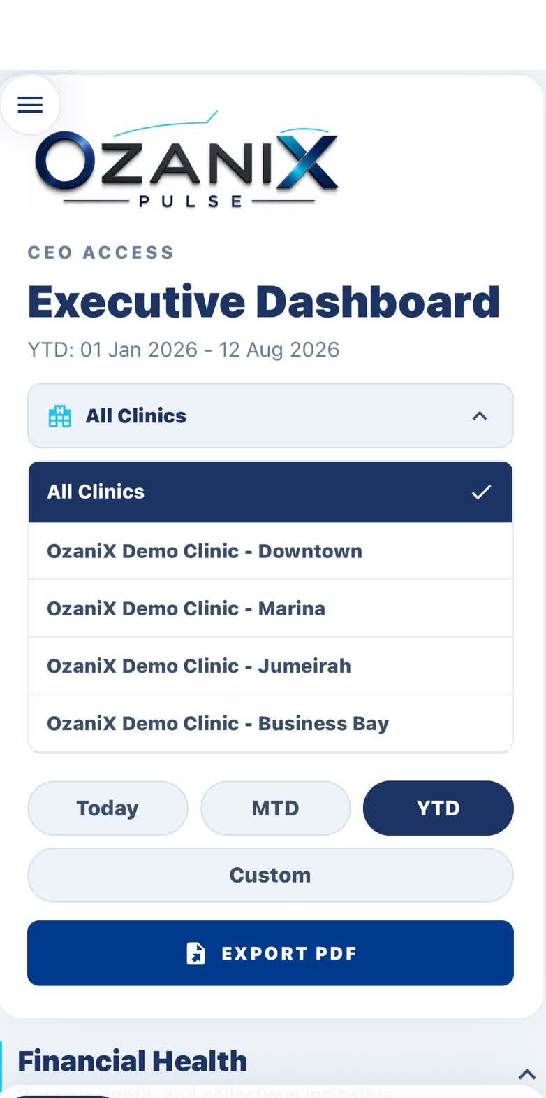 OzaniX Pulse executive dashboard screenshot showing clinic filters and export options