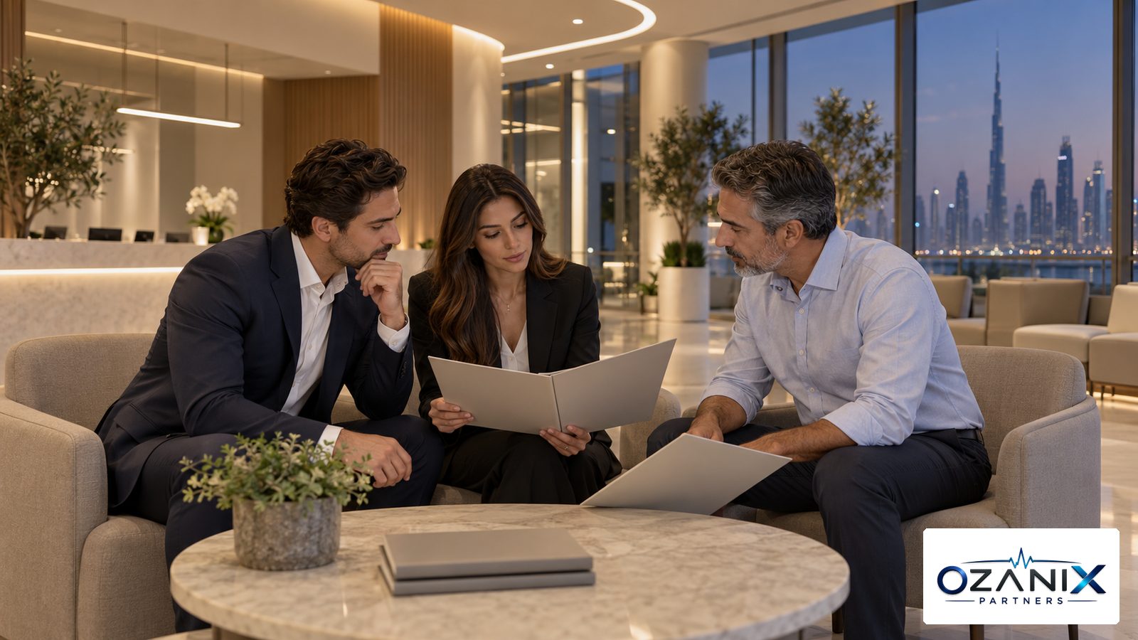 Investors reviewing clinic purchase documents with an adviser in a modern Dubai lounge at dusk