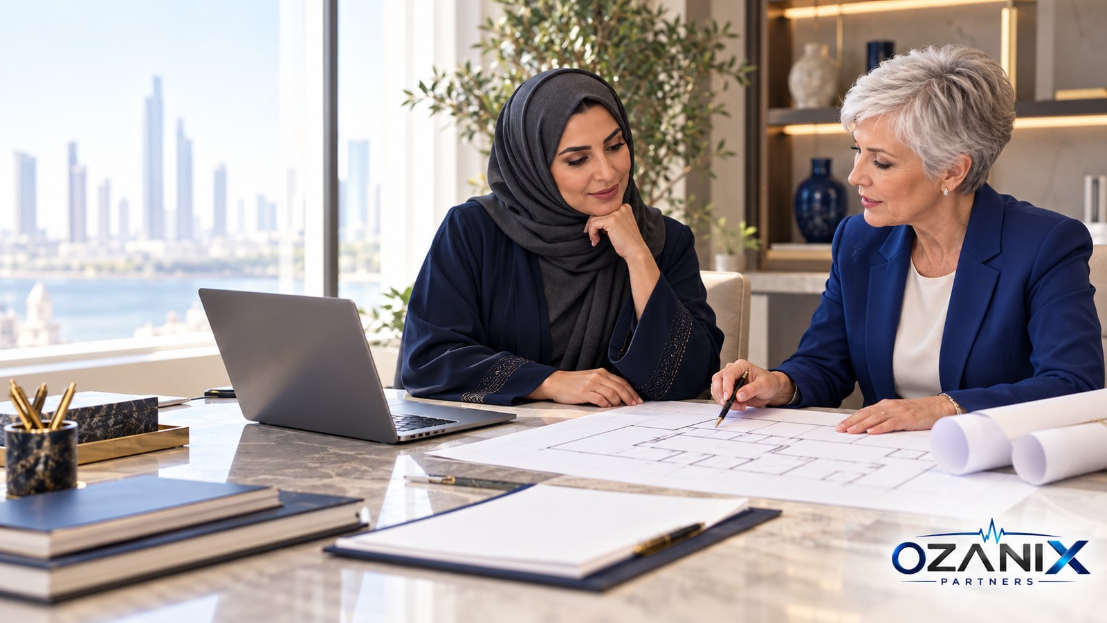 Clinic owner and business consultant reviewing a floor plan and business planning documents at a premium office desk