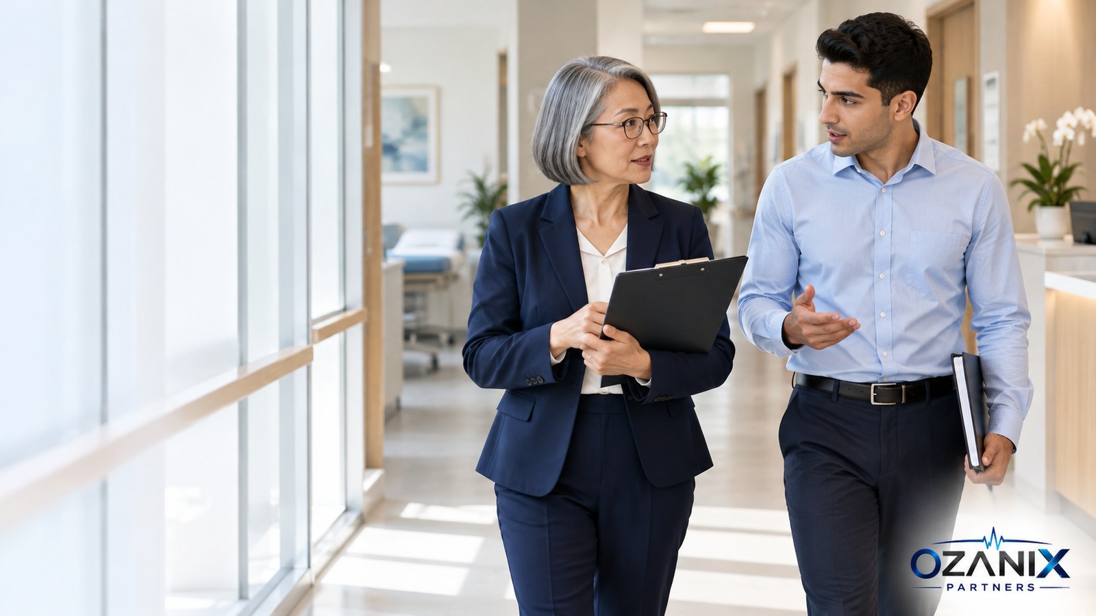 Healthcare quality reviewer and clinic manager walking through a bright modern clinic corridor with a clipboard