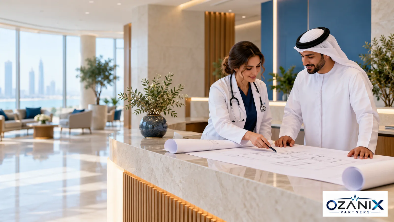 Doctor and clinic owner reviewing floor plans at a modern UAE clinic reception