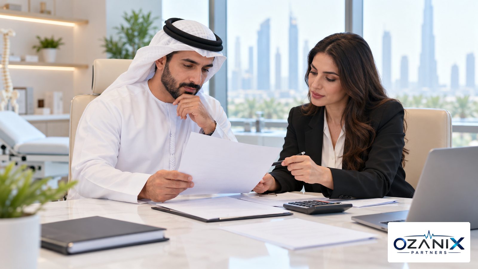 A clinic owner and an accountant reviewing financial papers and a calculator in a modern UAE clinic office, planning corporate tax