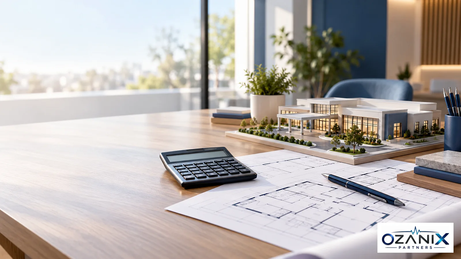 Calculator, floor plans and clinic building model on a desk for a clinic setup budget