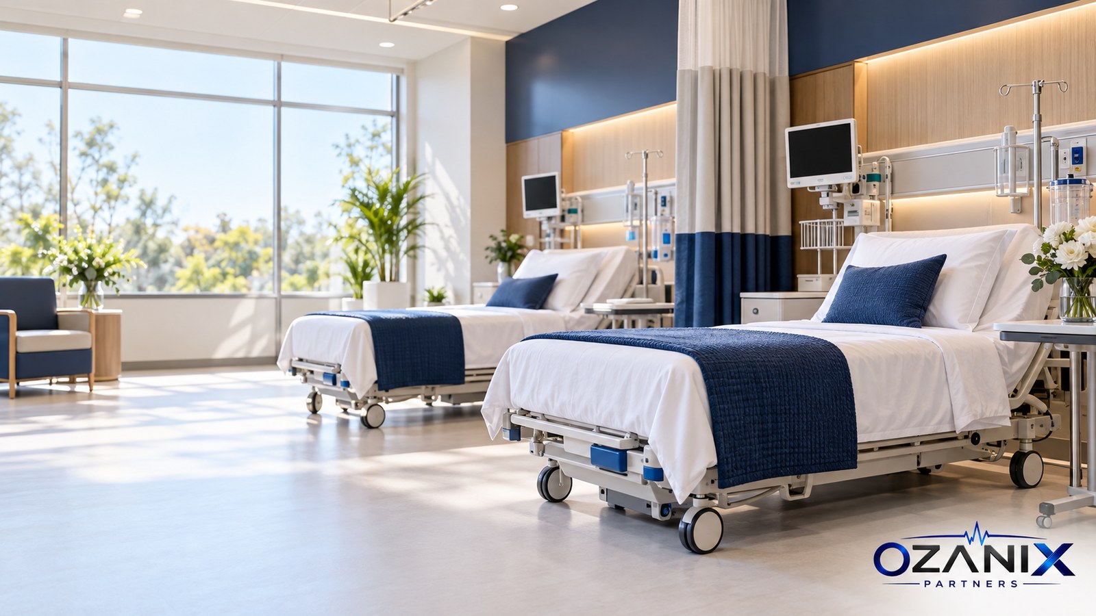 Bright modern day surgery recovery area with two beds and clean clinical equipment