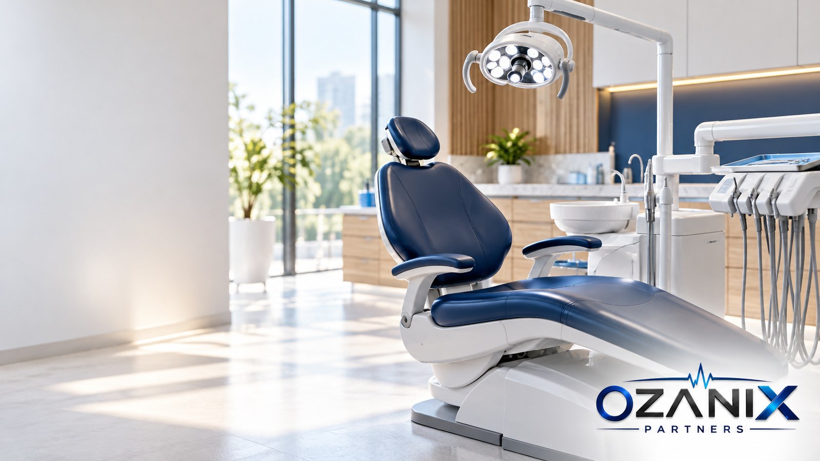 Modern dental treatment room with a premium dental chair and overhead examination lamp