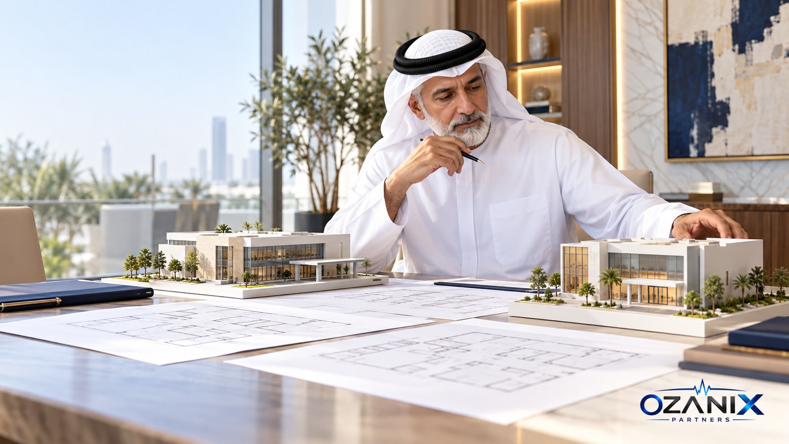 Healthcare consultant comparing clinic floor plans and two clinic building models in a premium meeting room