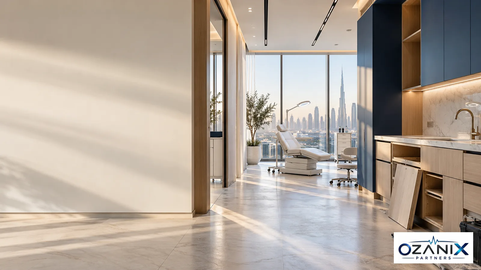 Clinic fit-out in progress with Dubai skyline view for a DHA facility license