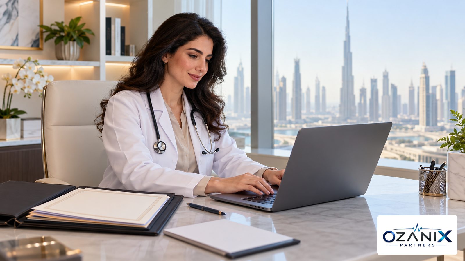 A doctor working on a licence application on a laptop in a modern Dubai clinic office with the skyline behind, preparing for a DHA license