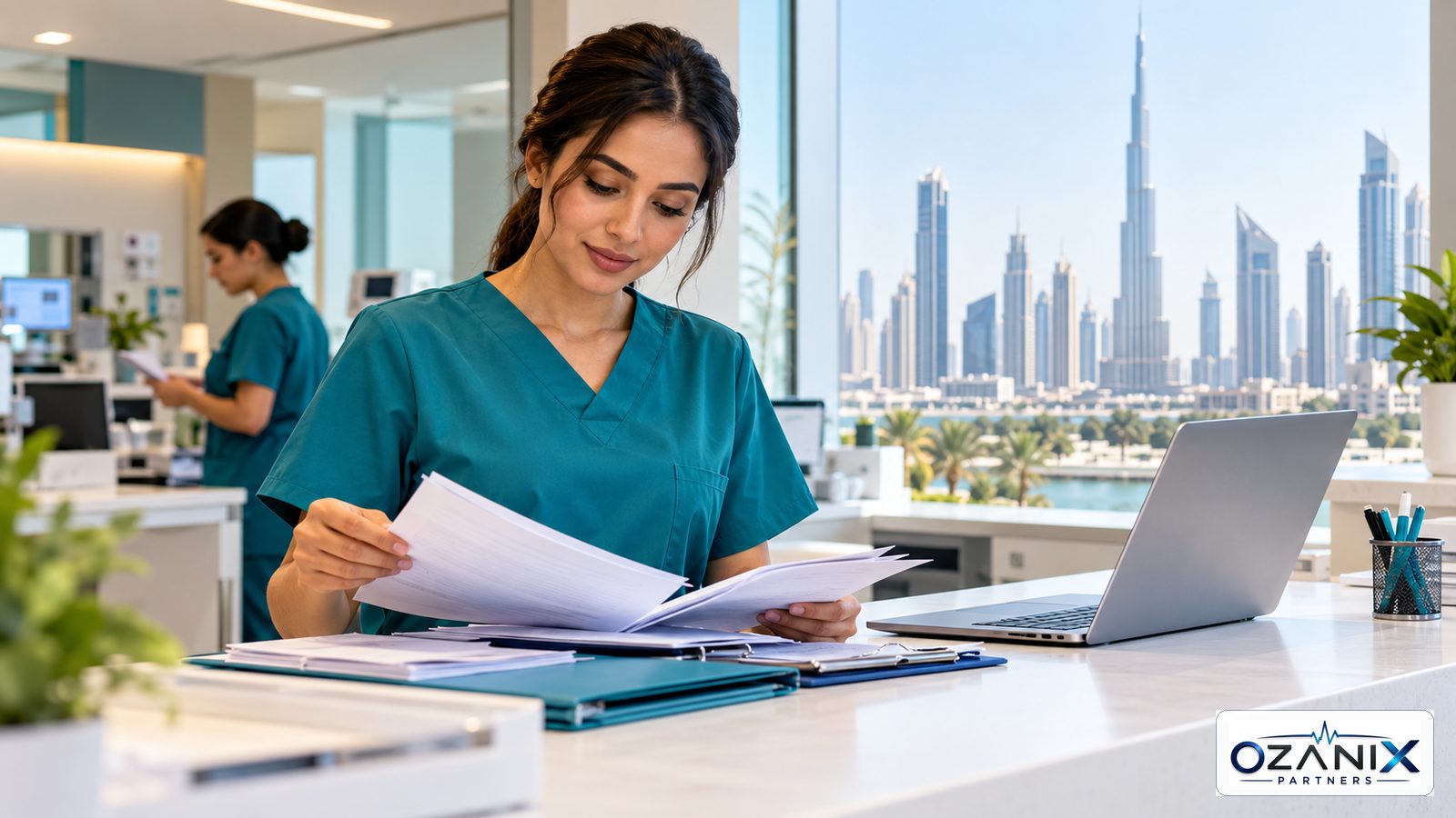 Nurse reviewing DHA licence paperwork and a laptop at a modern Dubai clinic nurses station
