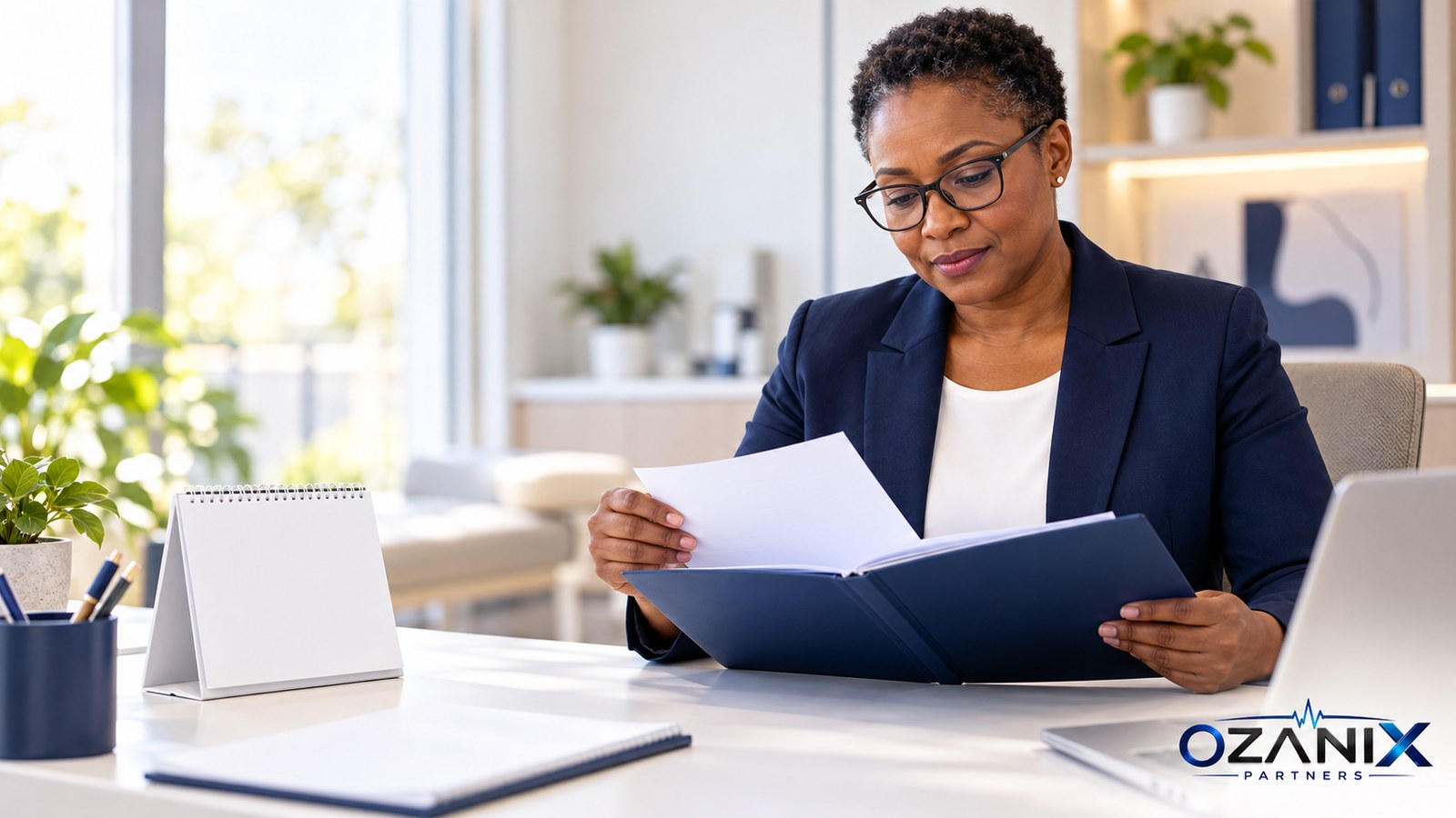 Clinic manager reviewing a licence renewal folder at a clinic desk beside a desk calendar