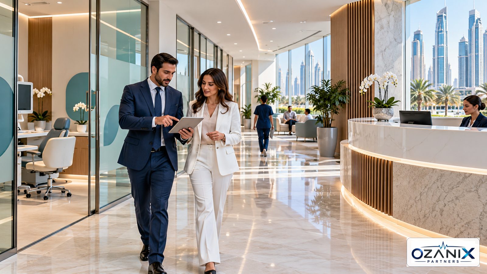 Healthcare administrators reviewing a tablet in a bright modern Dubai Healthcare City clinic corridor