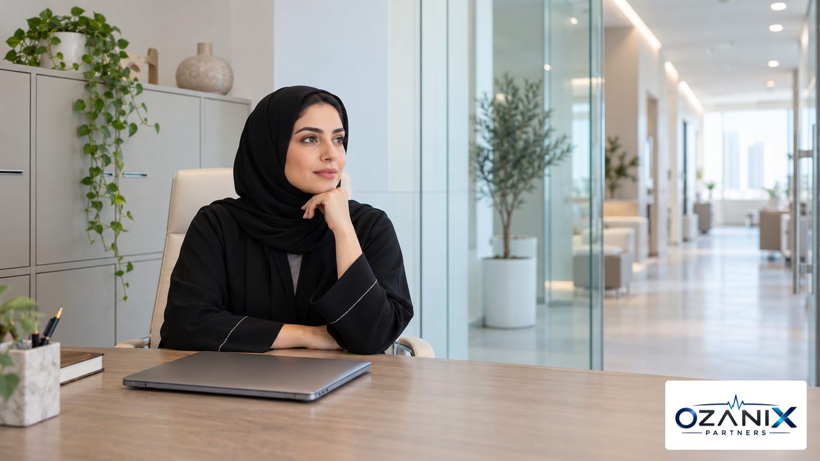 A compliance officer at a clean desk with a closed laptop and a secure records cabinet in a UAE clinic
