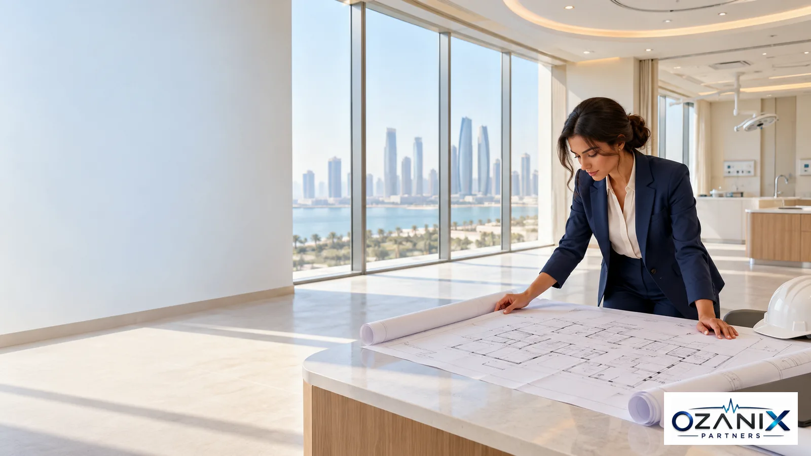 Consultant reviewing clinic floor plans in an Abu Dhabi clinic shell