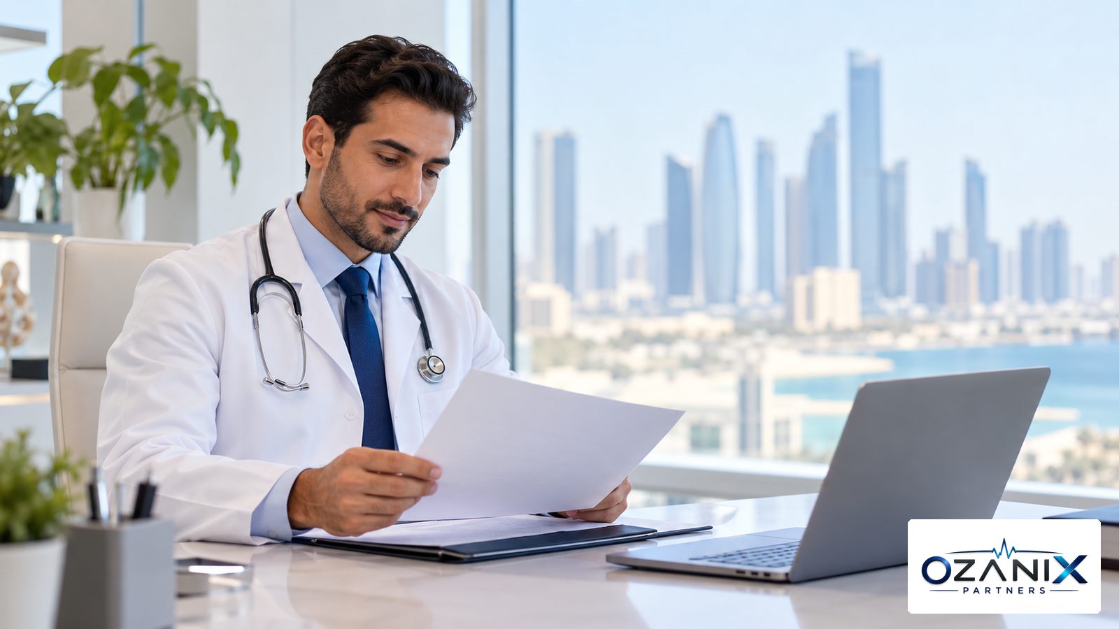 A doctor reviewing licence papers at a desk in a bright Abu Dhabi clinic office, preparing a DOH license application
