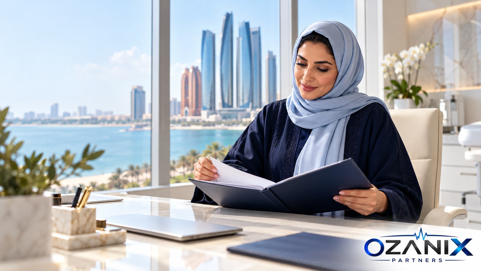 Clinic manager reviewing a renewal folder with Abu Dhabi waterfront views