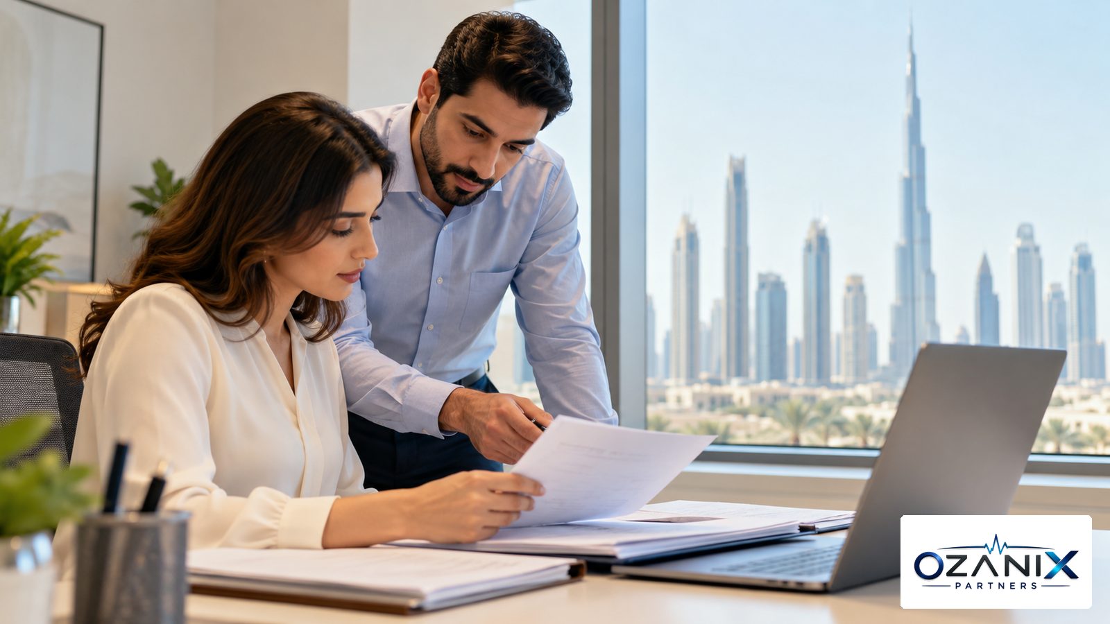A billing specialist and a manager review insurance claim papers at a Dubai clinic office desk