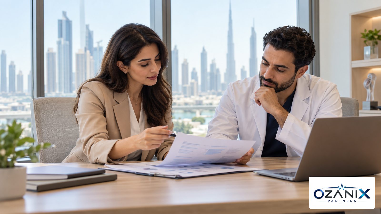 Clinic finance manager and a doctor reviewing a budget together in a modern Dubai clinic office