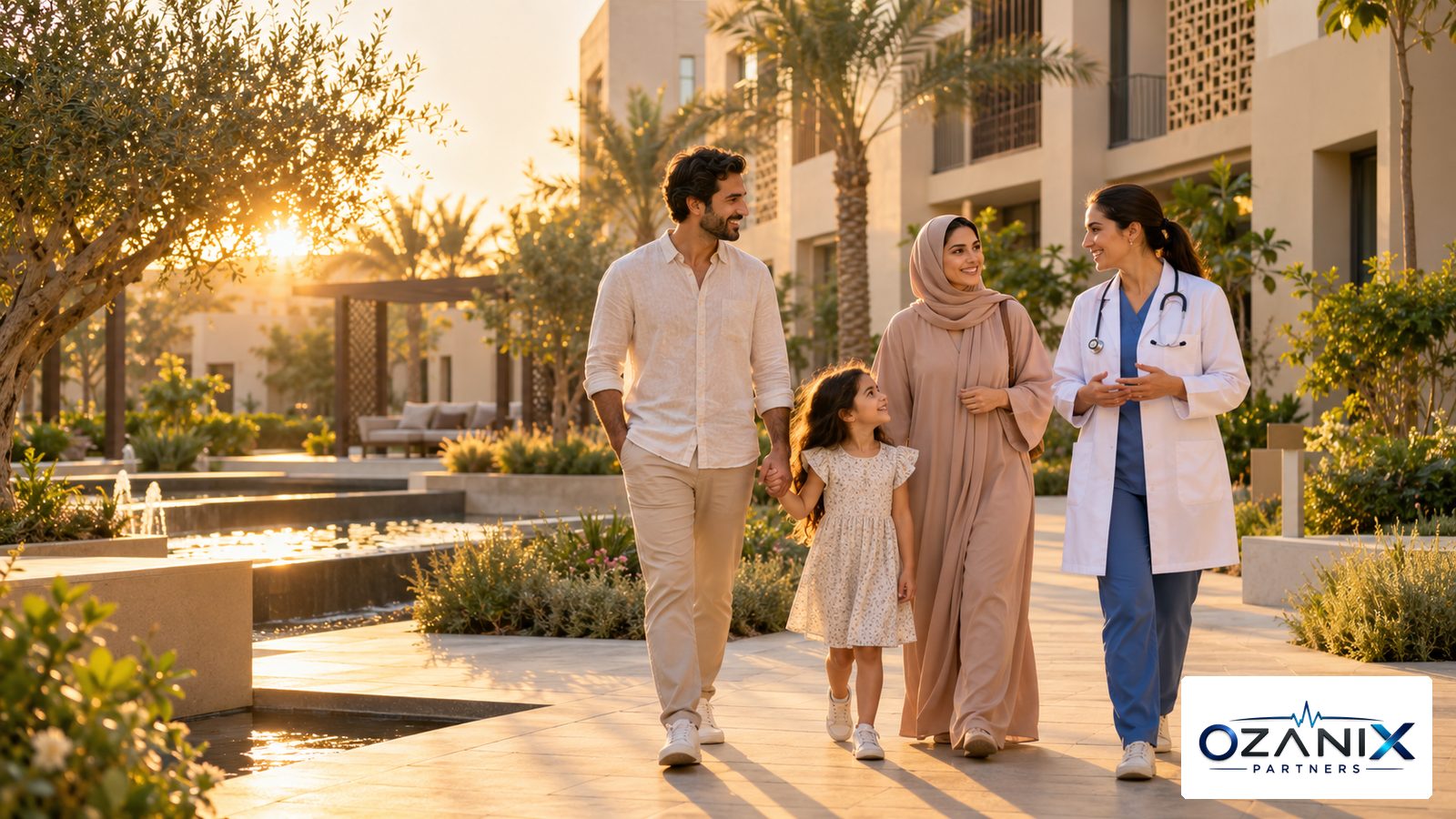 A doctor walking with a young family through a landscaped UAE residential courtyard at sunset