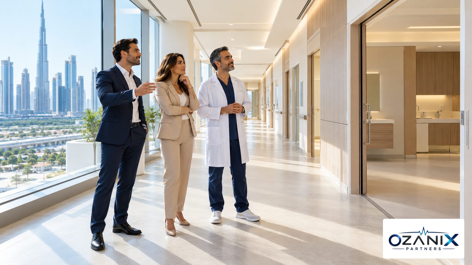 Investors and a doctor walking through a newly fitted clinic corridor while planning clinic expansion in the UAE