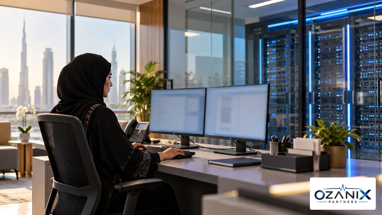 A health information officer working at a desk beside a secure server room in a Dubai office, managing health data protection