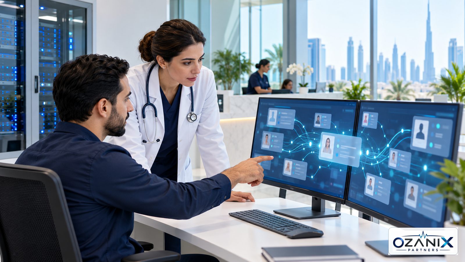 Clinic IT coordinator and doctor reviewing connected UAE health information exchange records