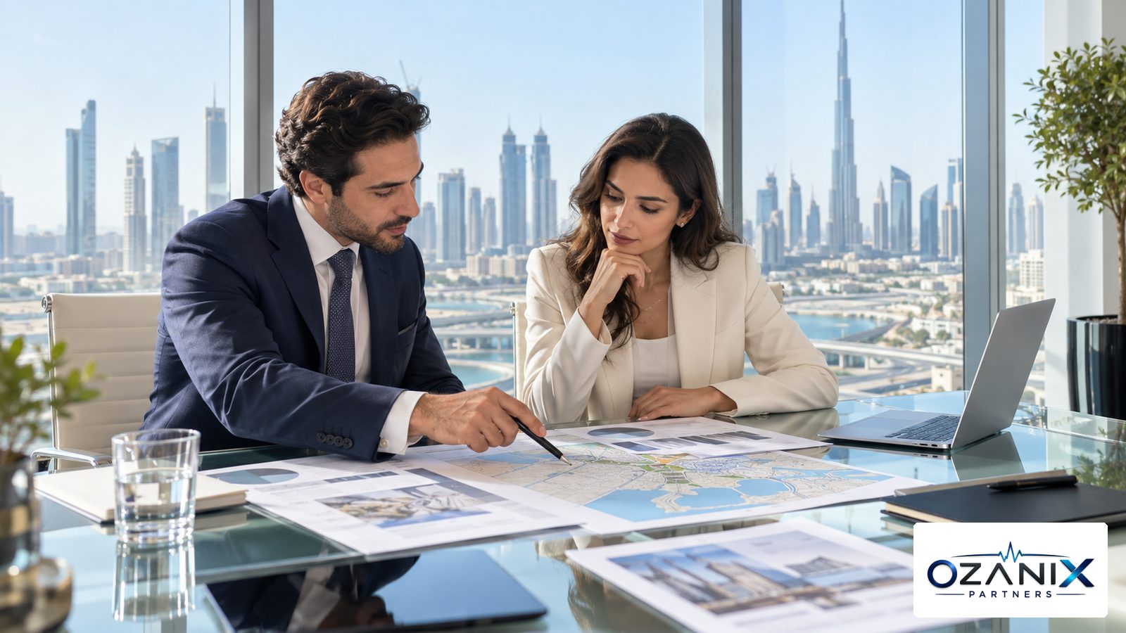 Healthcare investor and clinic planner reviewing a Dubai map and specialty data in a modern office overlooking the city
