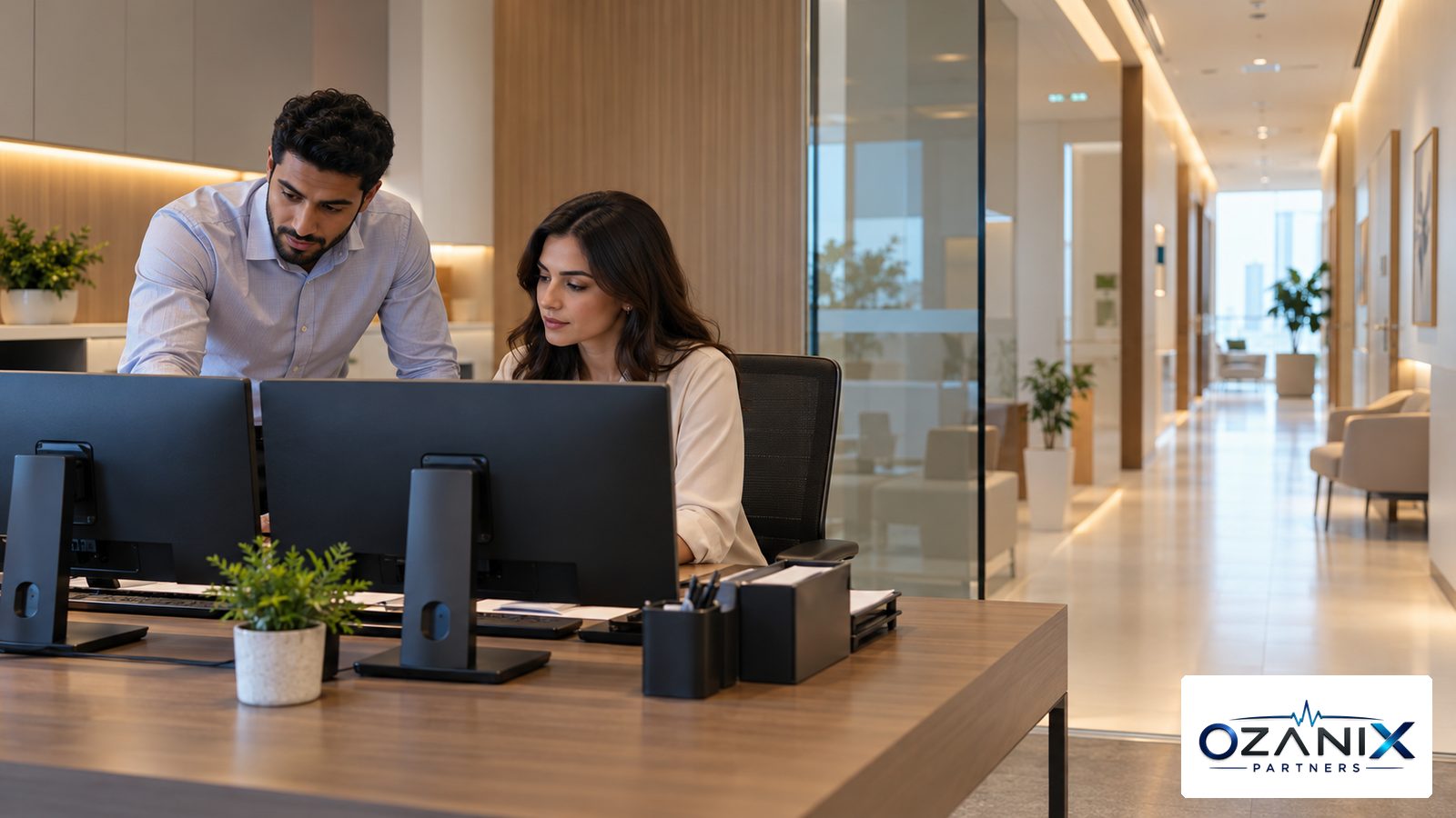 Clinic billing team reviewing insurance claims together at a desk in a modern UAE clinic office