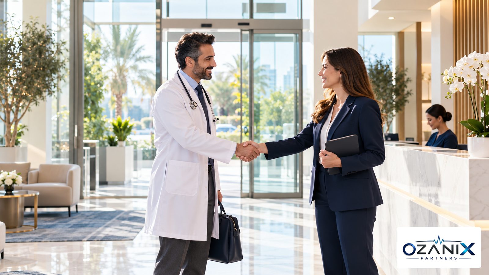 A doctor shaking hands with a clinic manager in a bright Dubai clinic reception
