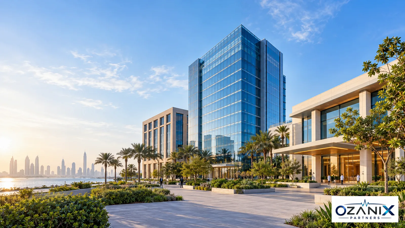Healthcare campus buildings by the UAE coast representing clinic location options