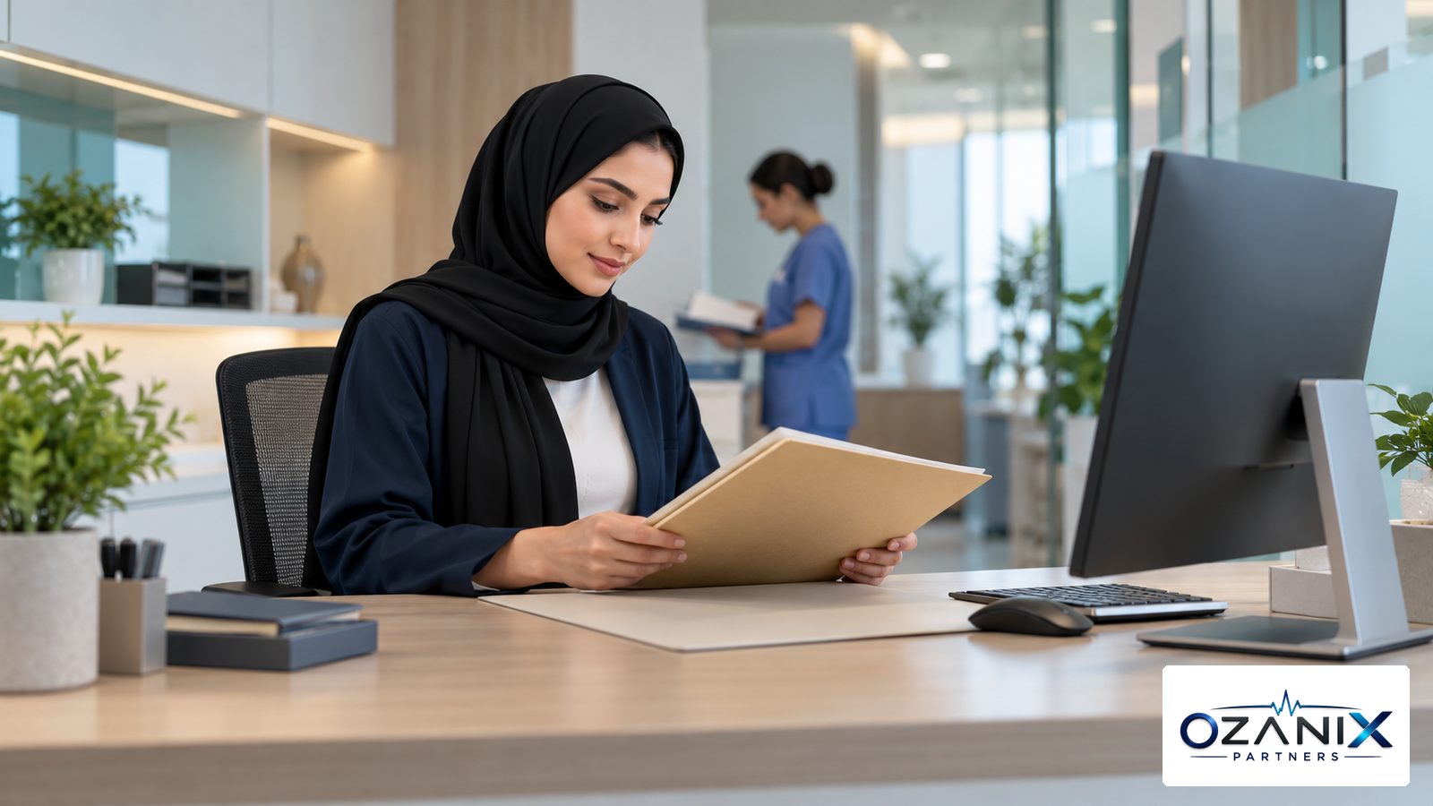 A tidy clinic back office desk with a closed patient folder, where medical coding in the UAE is checked before claims go out