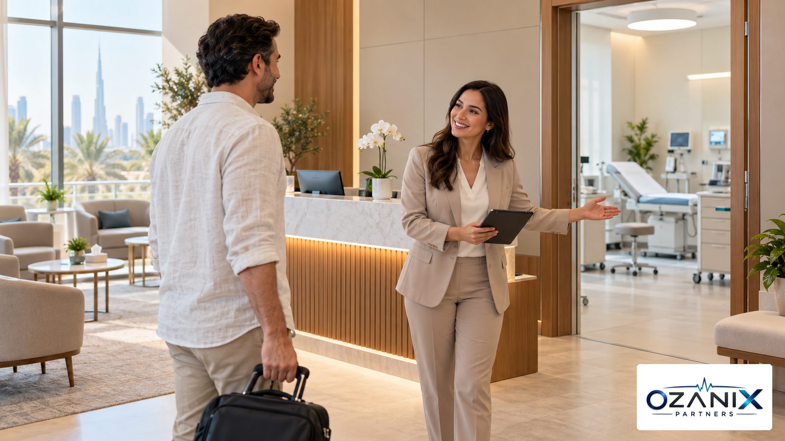 A clinic patient coordinator welcoming an international patient with a travel bag at a calm clinic reception