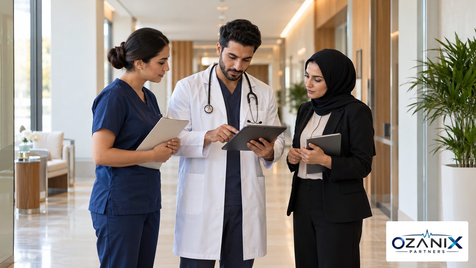 A nurse, a doctor and a clinic manager plan staffing in a modern UAE clinic corridor