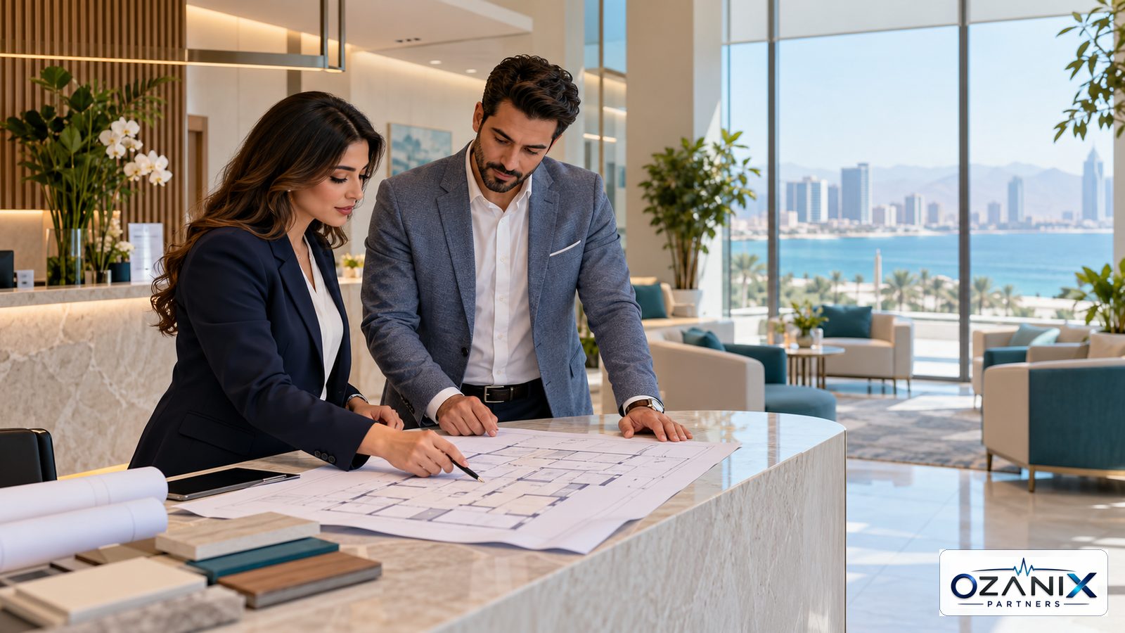 Clinic planning consultants reviewing a floor plan at a modern clinic reception with a Northern Emirates coastal view