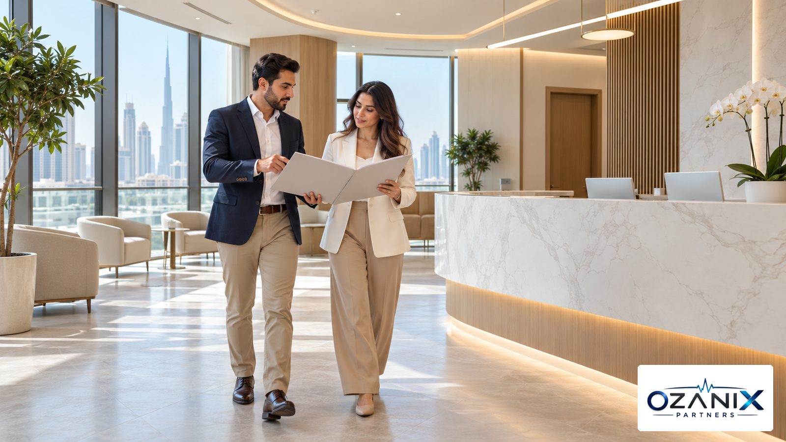 A clinic owner and a manager walk through a newly fitted, empty modern clinic reception in the UAE