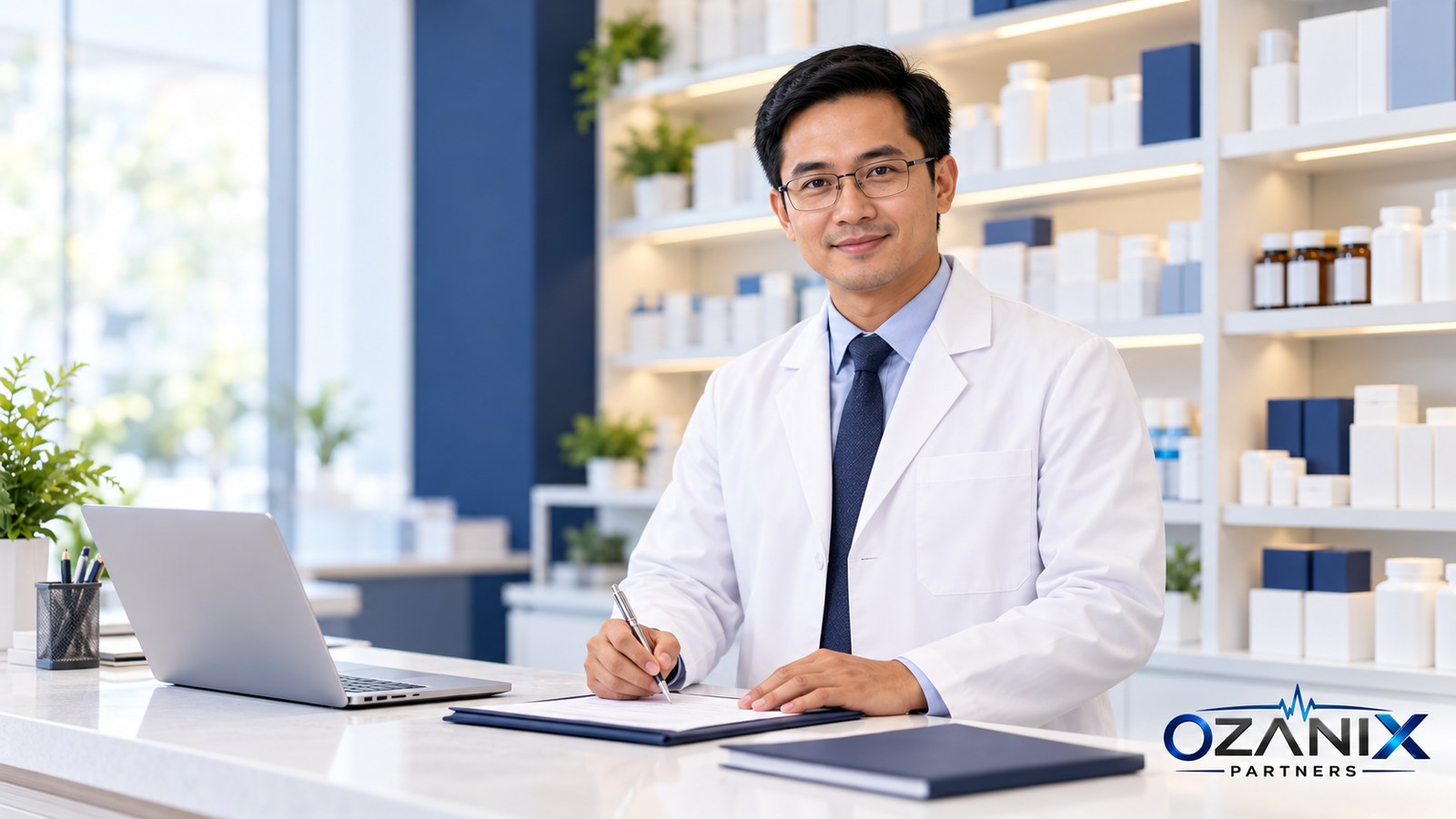 Pharmacist in a white coat at a clean modern pharmacy counter with tidy shelves