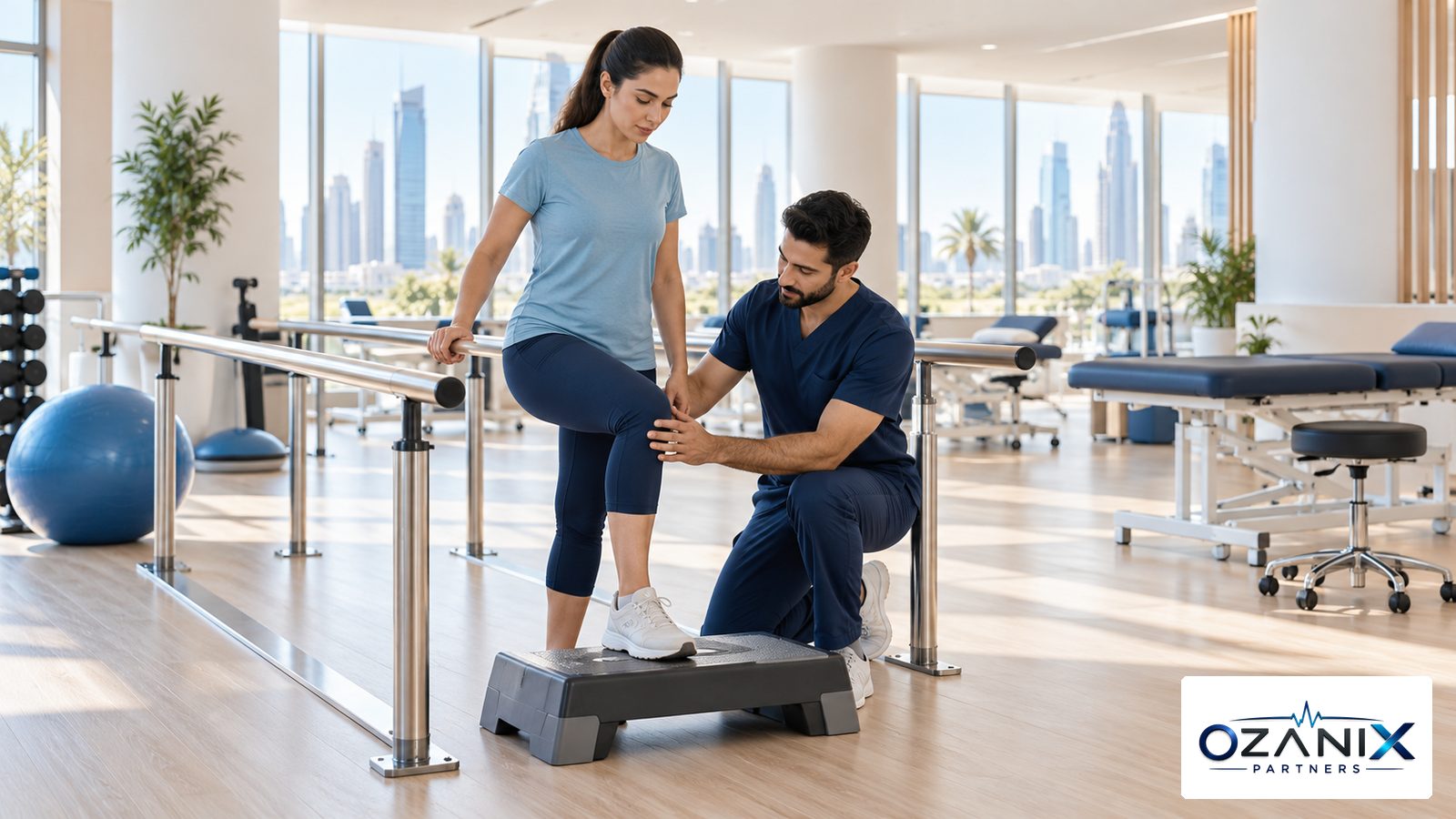 A physiotherapist guiding a patient through a knee exercise in a light filled rehab room in the UAE