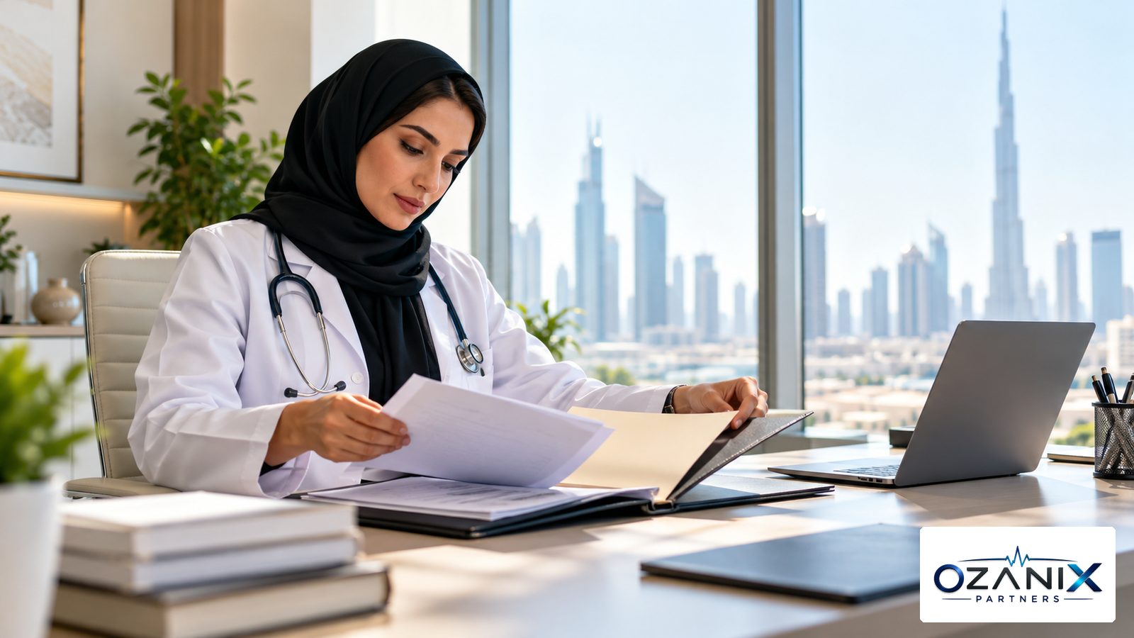 A doctor organising degree certificates into a folder at a desk in a bright UAE office
