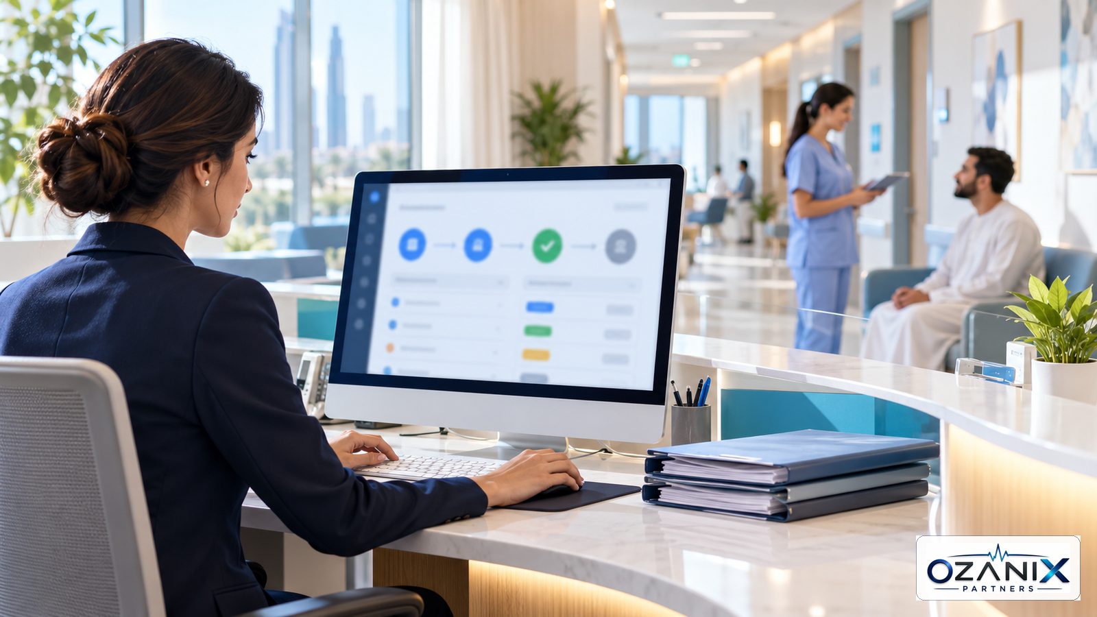 Insurance coordinator reviewing a prior authorization workflow at a modern UAE clinic reception