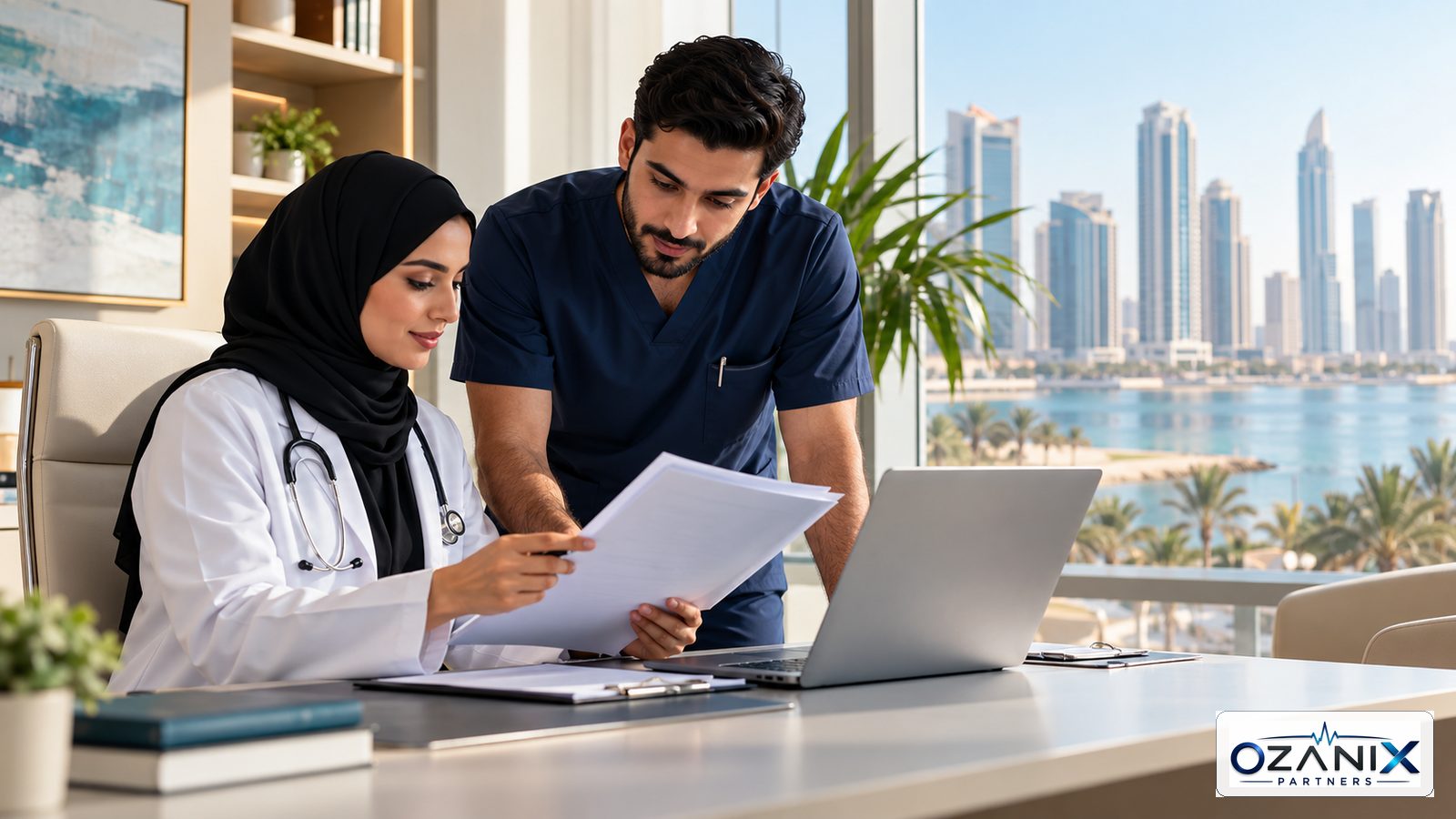 Doctor and nurse reviewing healthcare professional licence documents in a modern Sharjah clinic office