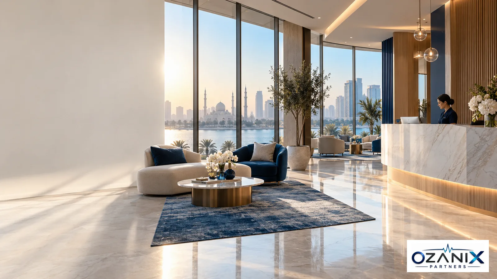 Modern clinic lobby overlooking the Sharjah waterfront and mosque