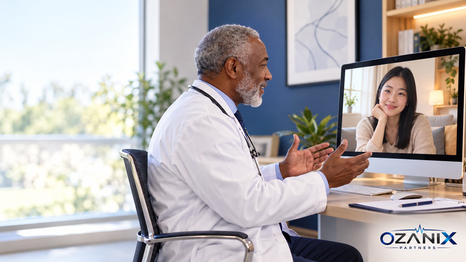 Doctor in a modern clinic holding a video consultation with a patient at home