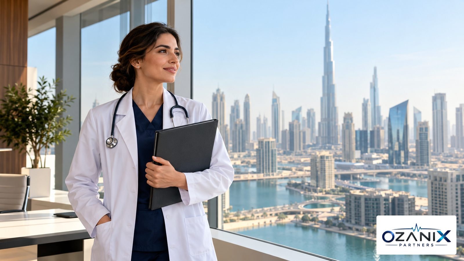 A doctor holding a closed document folder at a large window with a UAE skyline behind